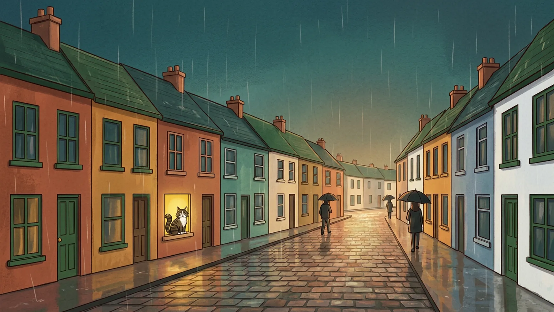 Misty Galway terraced houses at dusk, with Goober sitting in one golden window.