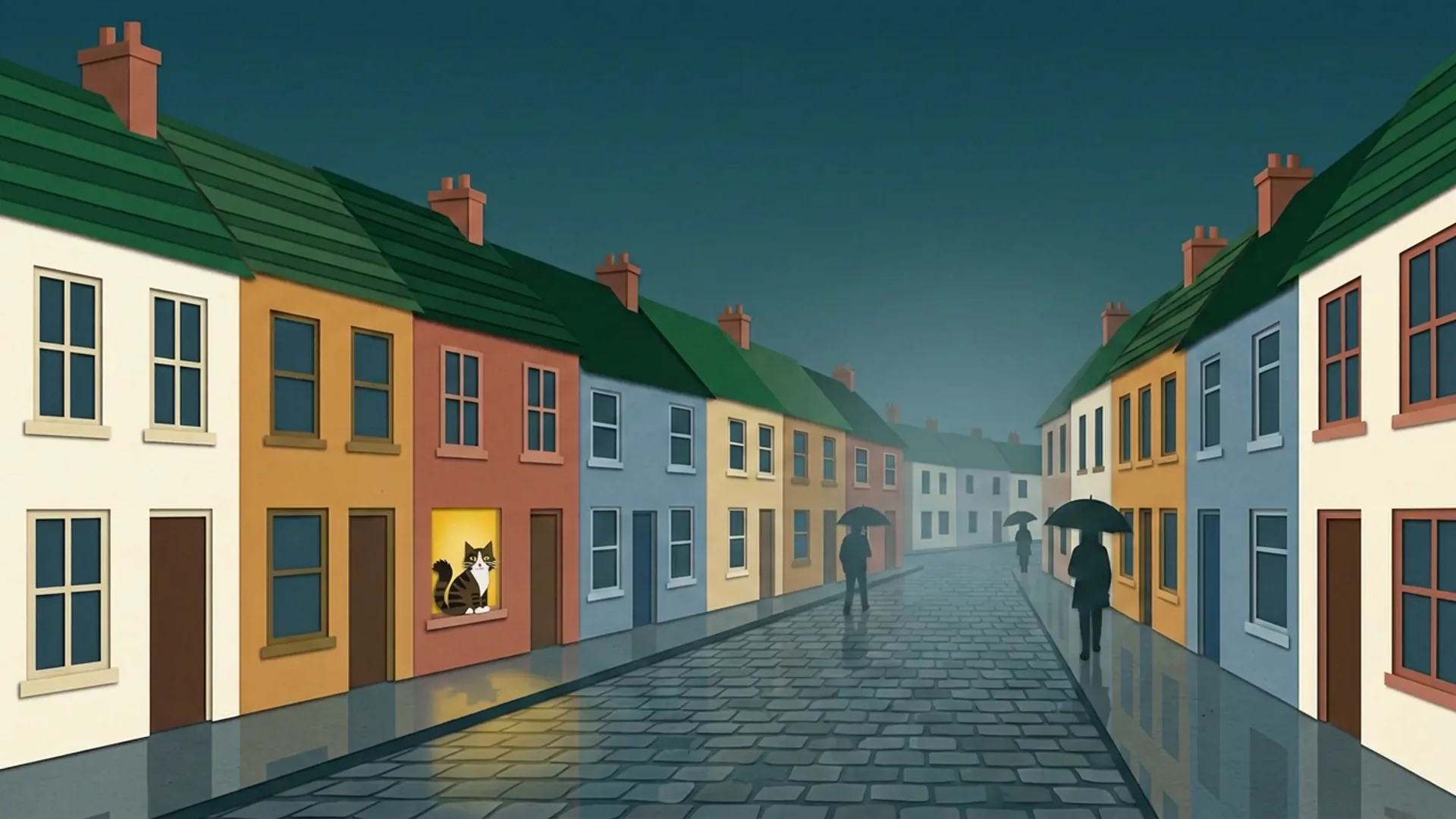 Misty Galway terraced houses at dusk, with Goober sitting in one golden window.