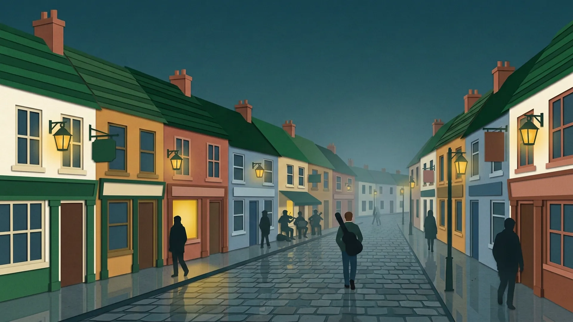 Daniel walks along wet Shop Street with a bass guitar case, passing street musicians and golden lanterns.