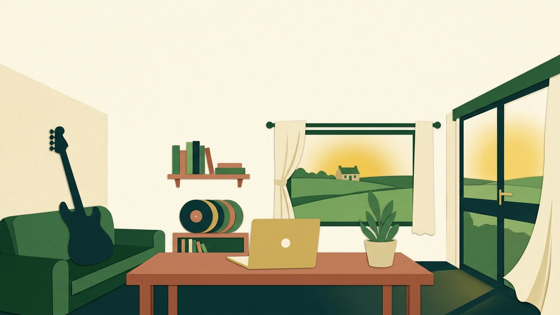 A small studio with a laptop, potted plant, records, bass guitar on the couch and fields through the window.