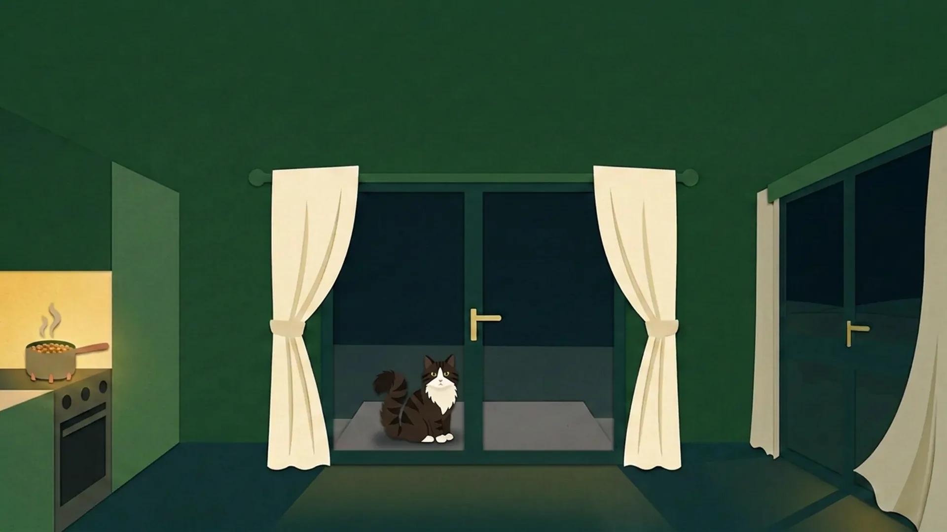 Inside the studio at night, fluffy tabby Goober with a white face, chest and paws sits outside the glass door while lentils simmer.