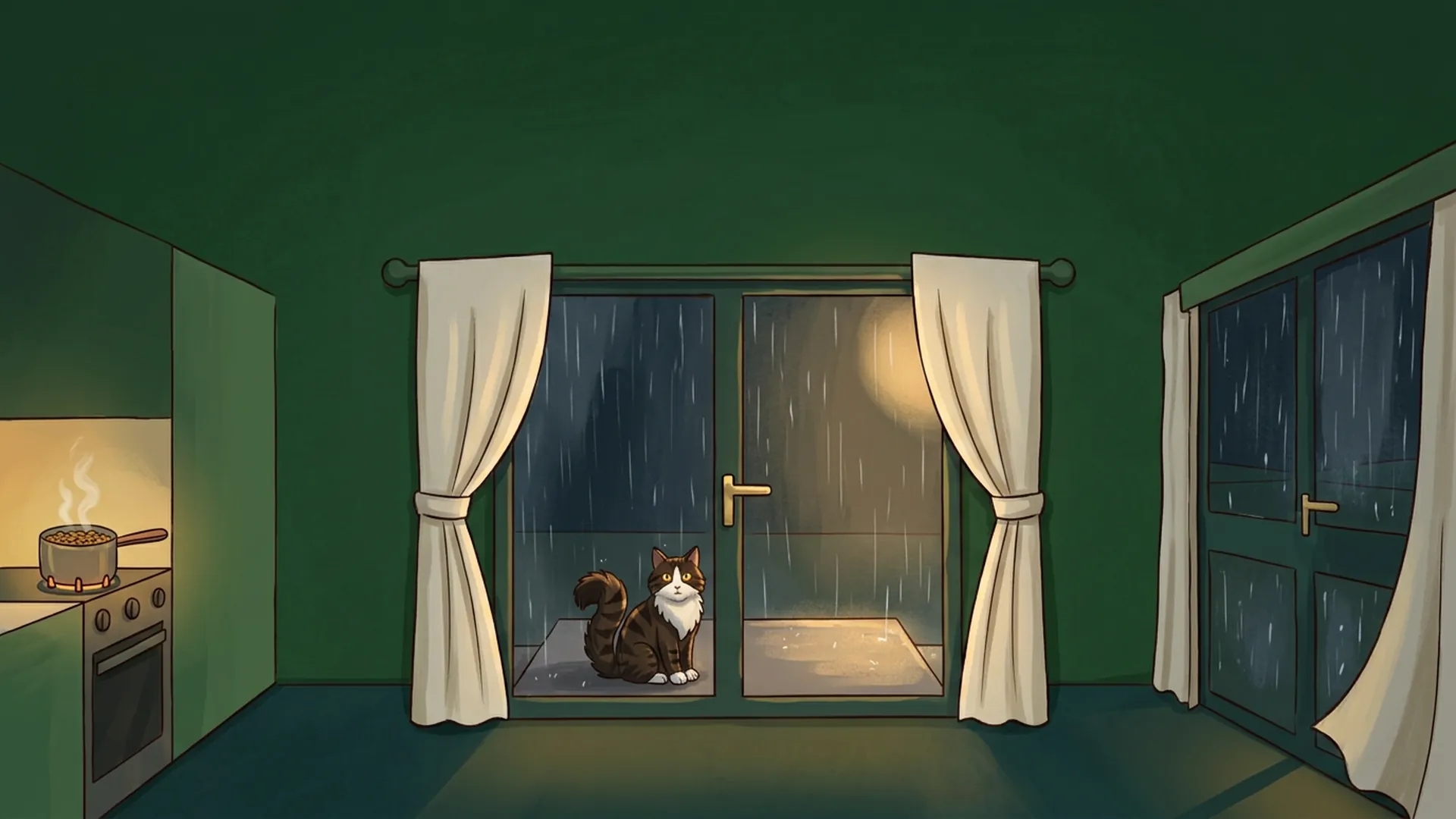 Inside the studio at night, fluffy tabby Goober with a white face, chest and paws sits outside the glass door while lentils simmer.