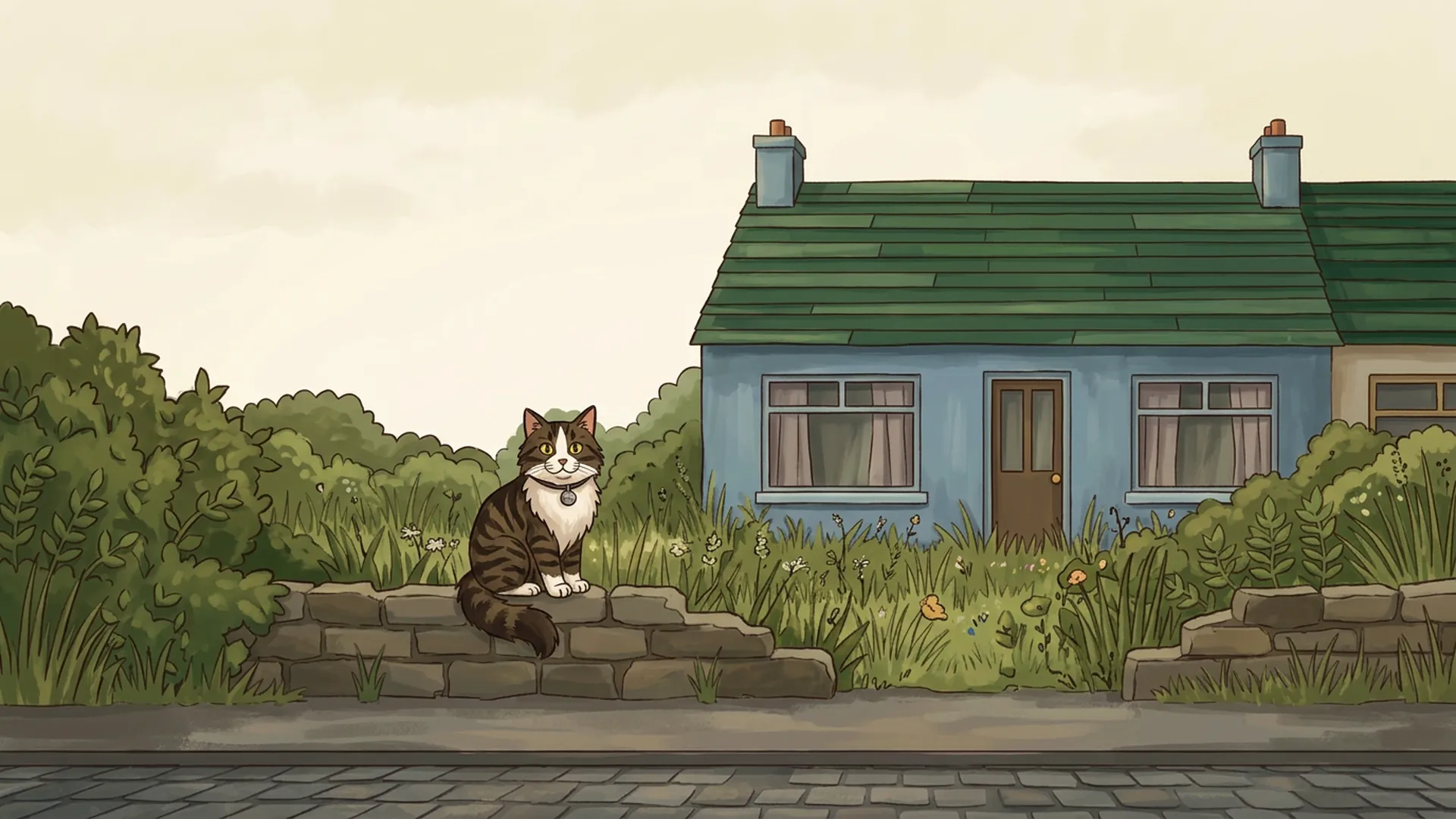 An unlit house with closed curtains and an overgrown garden, Goober wearing a tracker on the low stone wall.