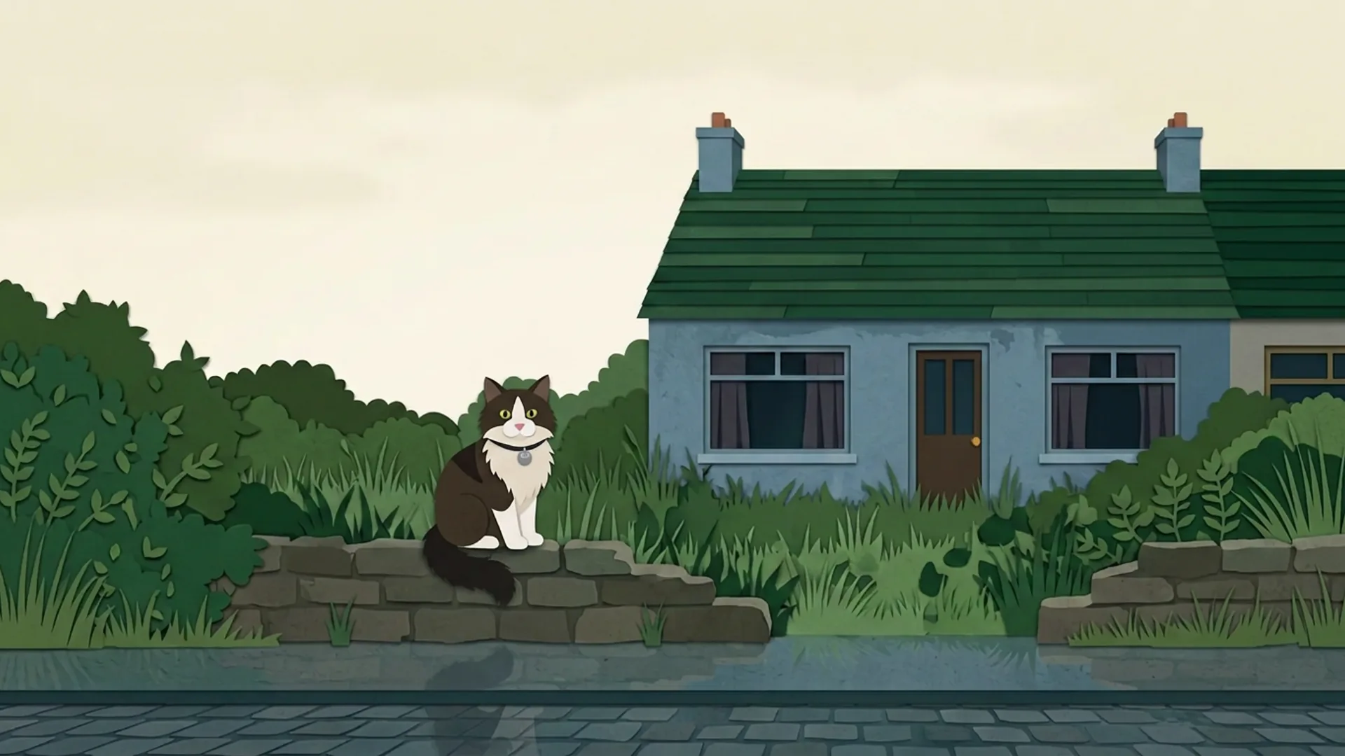 An unlit house with closed curtains and an overgrown garden, Goober wearing a tracker on the low stone wall.