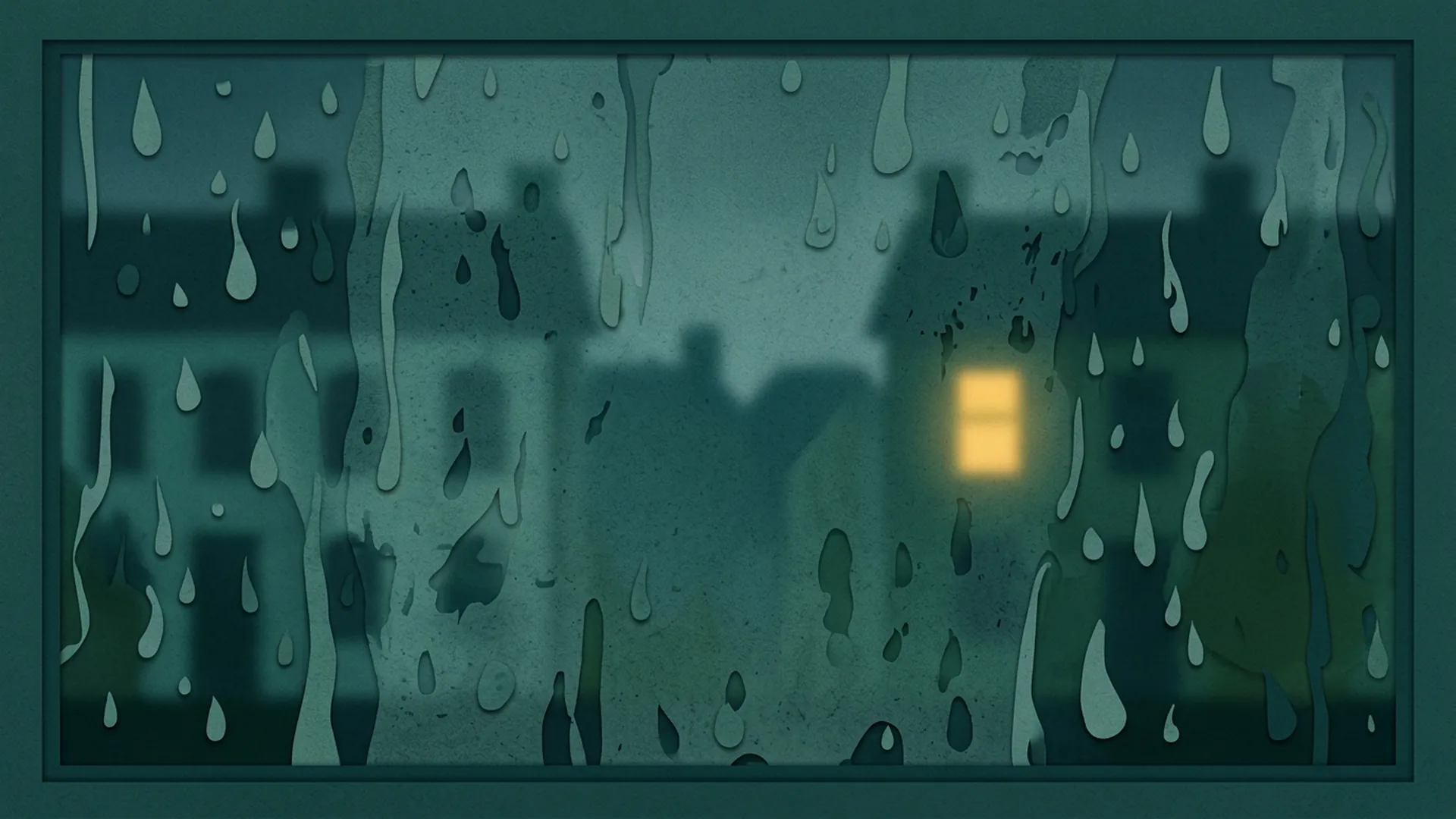 Rain on a studio window, with blurred Galway houses and one warm window beyond.