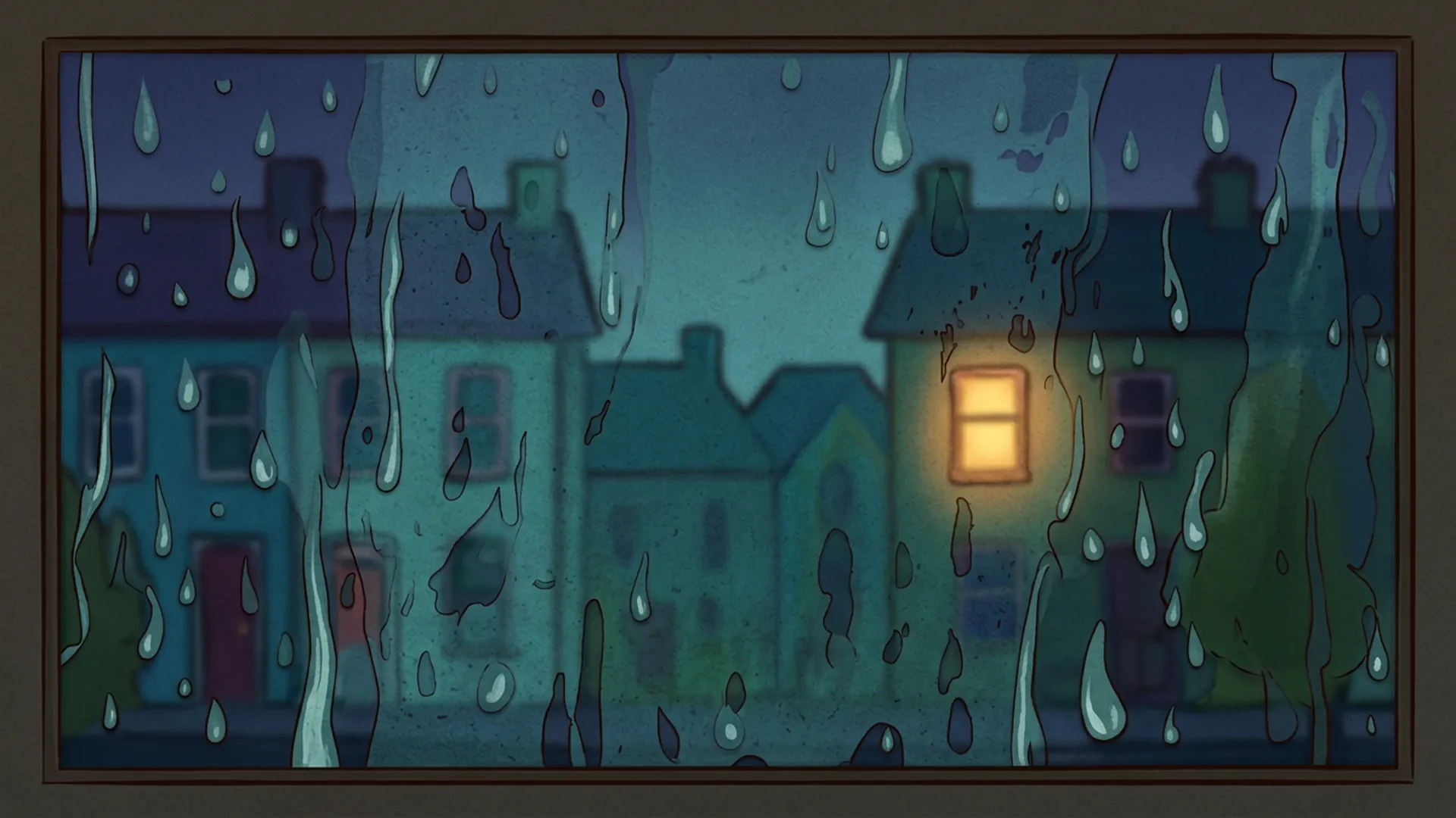 Rain on a studio window, with blurred Galway houses and one warm window beyond.