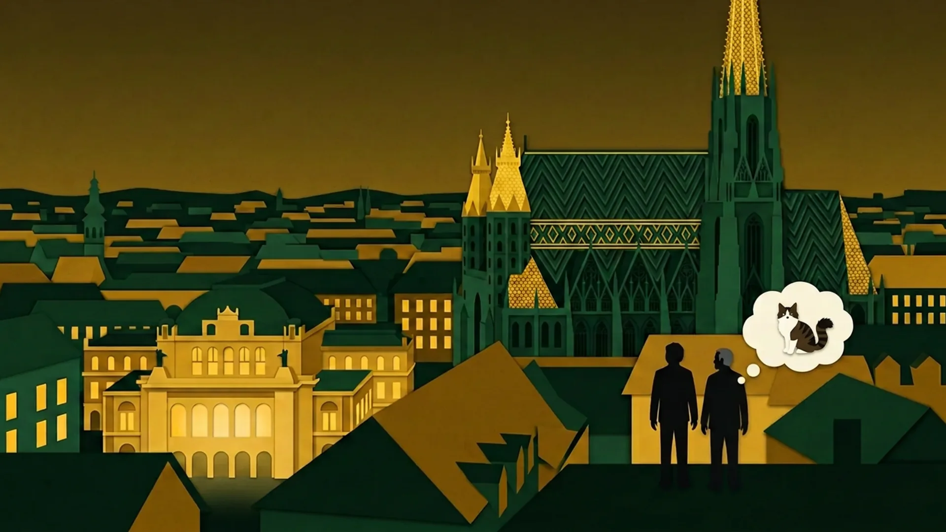 Vienna rooftops, St. Stephen's Cathedral and opera house glow, Daniel and his father thinking of Goober.