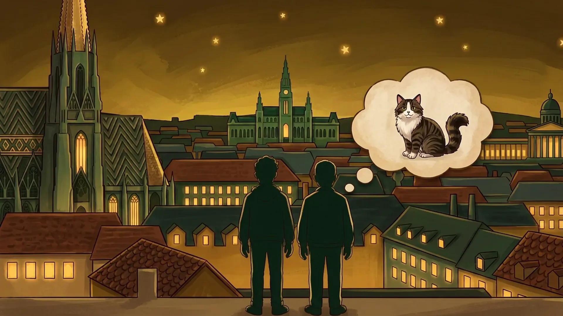 Vienna rooftops, St. Stephen's Cathedral and opera house glow, with the silhouettes of Daniel and his father seen from behind and a thought bubble of Goober.