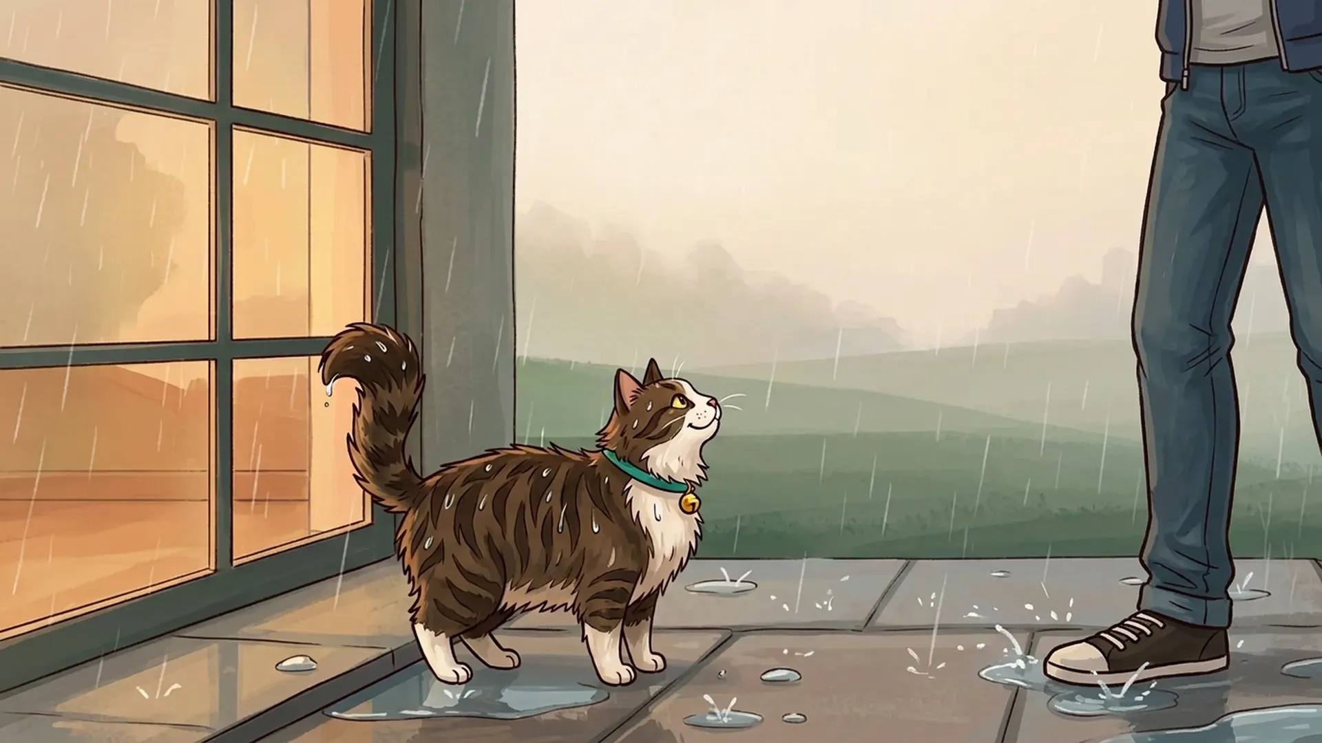 Outside the studio door in the Galway rain, Goober in a turquoise collar stands close to Daniel's legs, looking up at him.