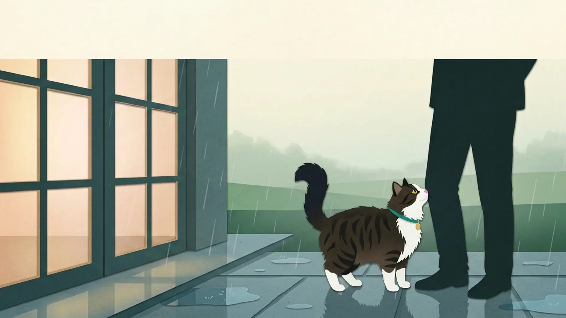 At the studio door in the Galway dawn, Goober in a turquoise collar head-butts Daniel's shin.