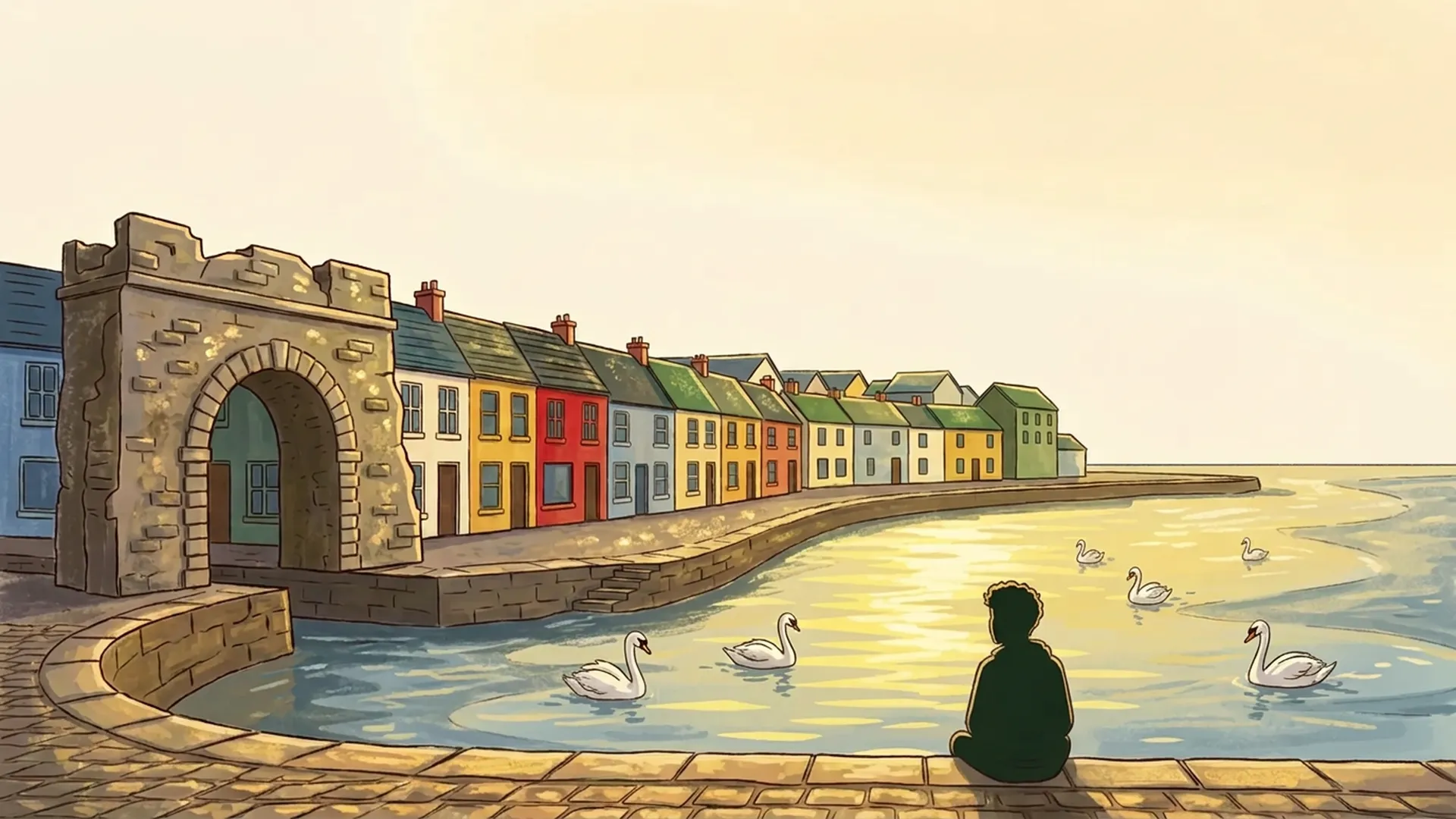 The small silhouette of Daniel sits alone beside the water at the sunny Galway docks, with the Spanish Arch and colourful houses.