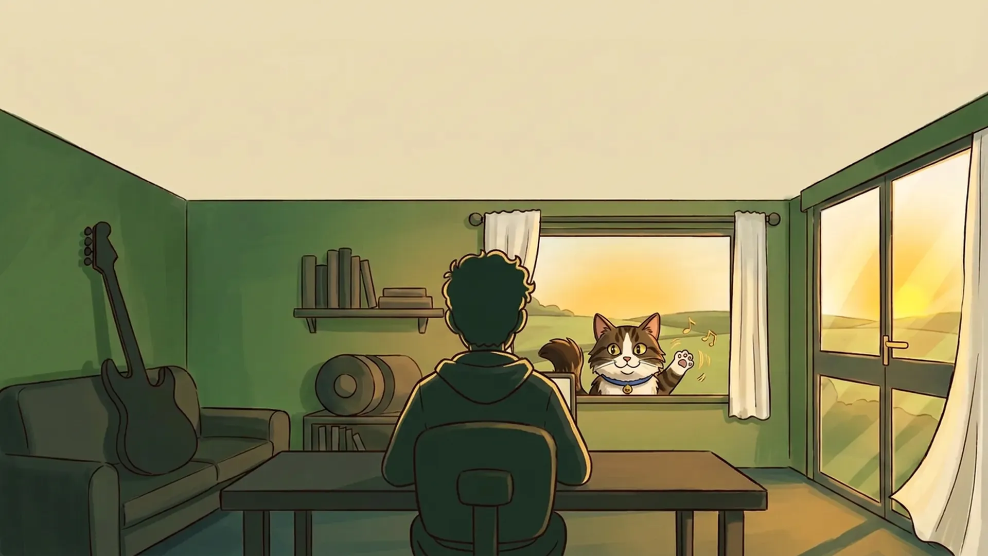 Goober peers through the studio window with golden eyes, a blue collar and a tiny jingling golden bell.