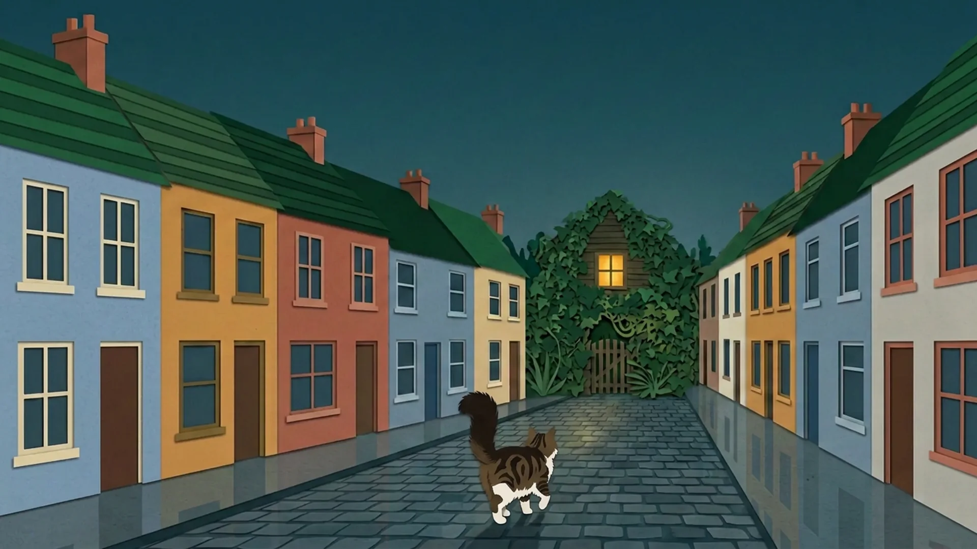 Tabby Goober with white paws and a bushy dark tail leads down a dead-end street towards a wooden house hidden by greenery, with one warm window.