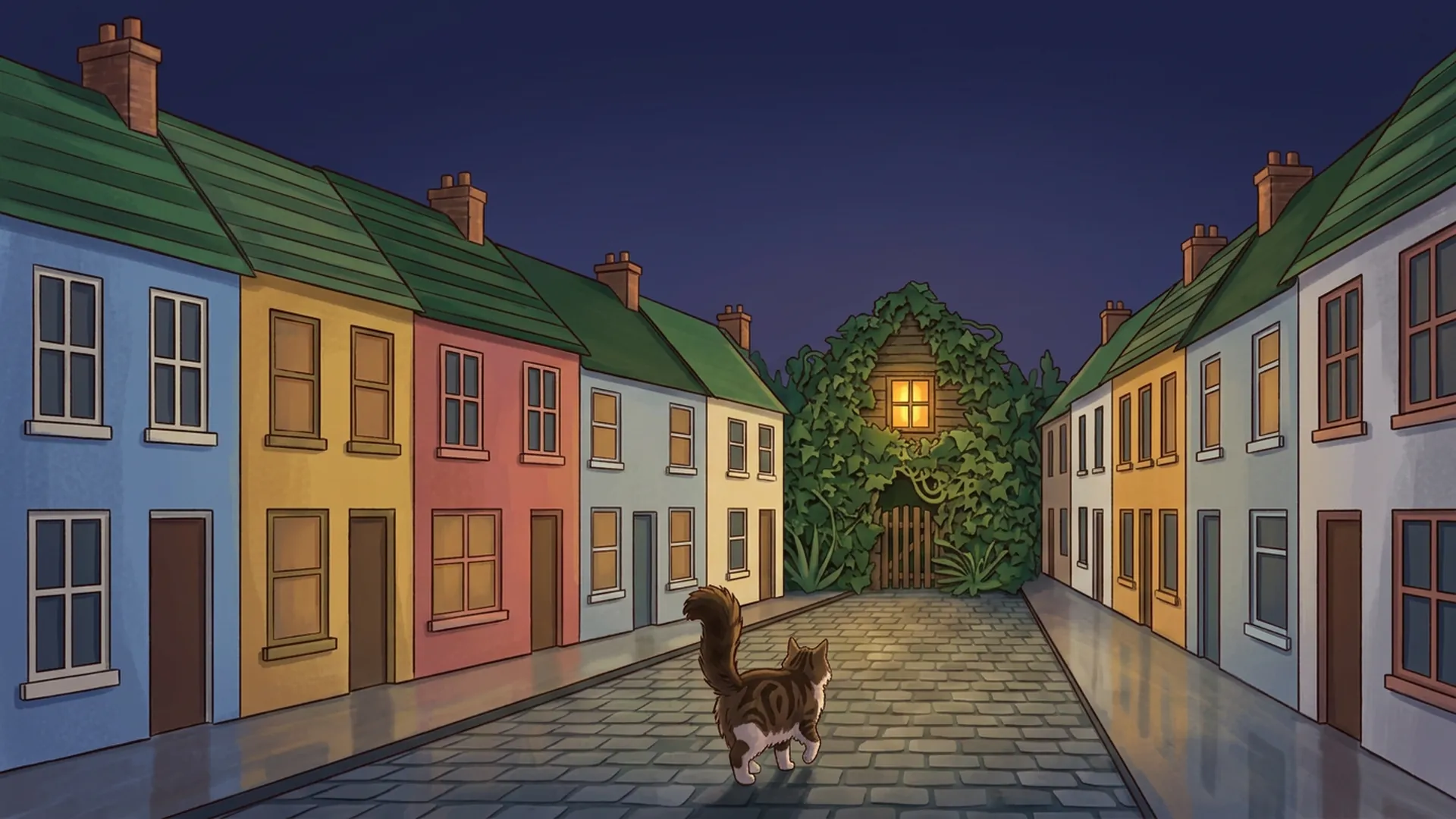 Tabby Goober with white paws and a bushy dark tail leads down a dead-end street towards a wooden house hidden by greenery, with one warm window.