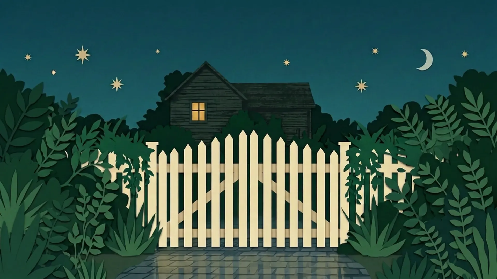 A white picket gate in front of a hidden wooden house with one warm window. As you scroll, Goober leaps over the gate into the garden.