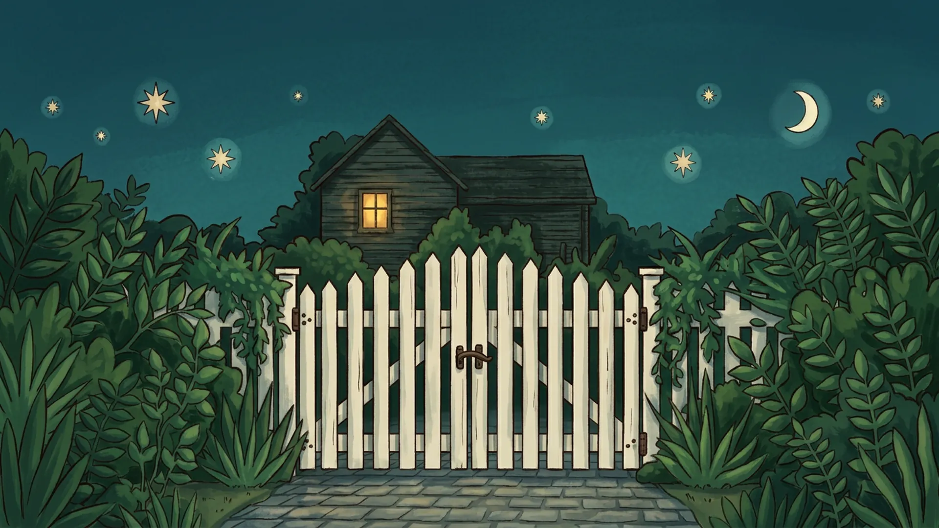 A white picket gate in front of a hidden wooden house with one warm window. As you scroll, Goober leaps over the gate into the garden.