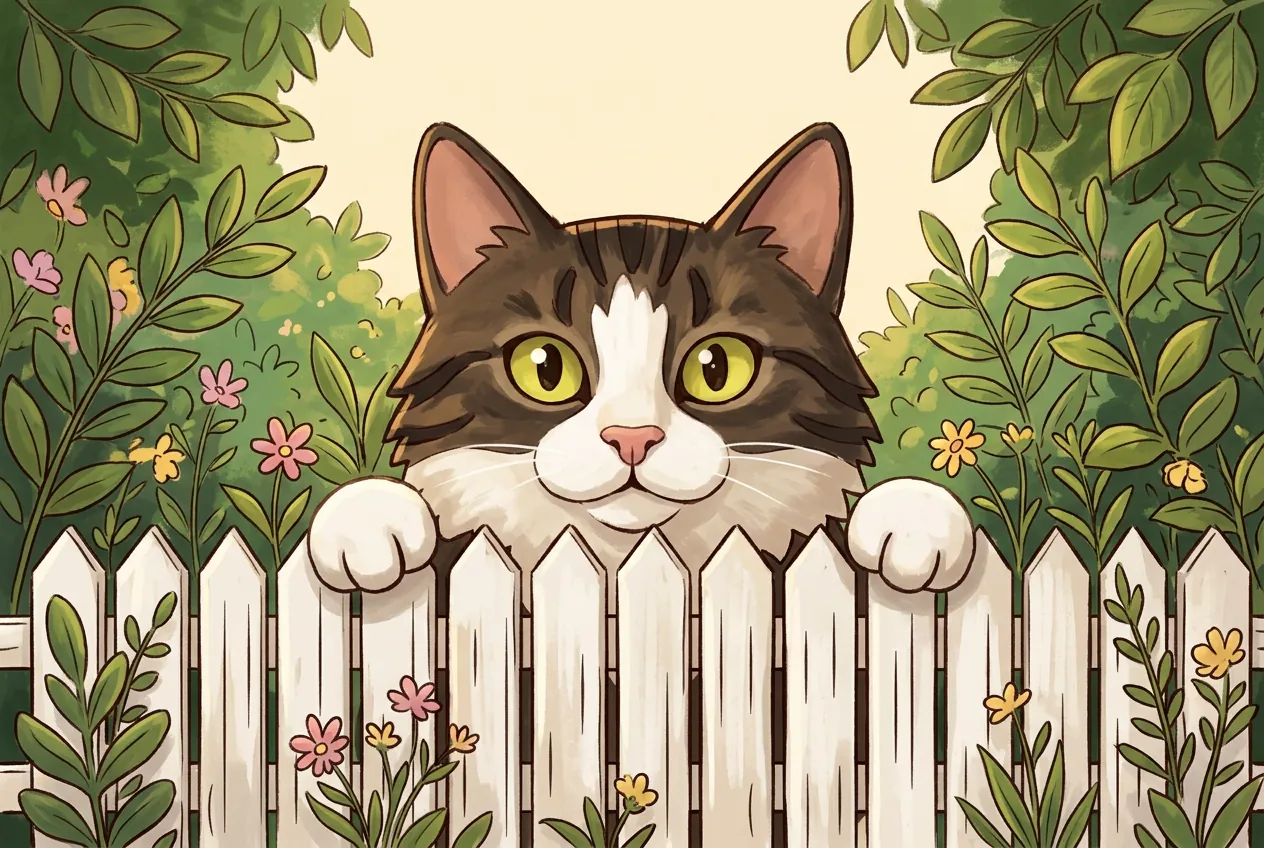 Cartoon Goober with brown tabby markings, a white face and paws, peeking over a white picket fence.
