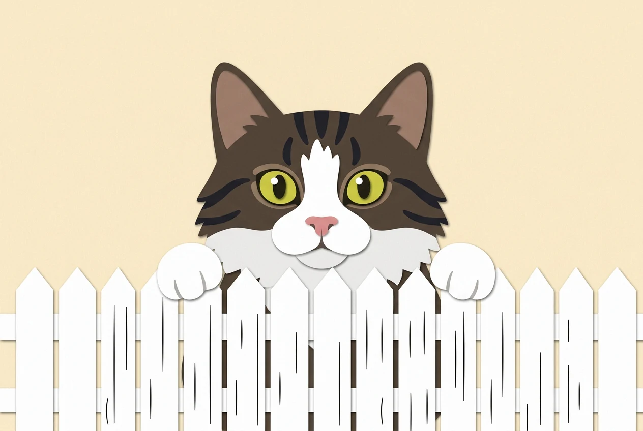 Cartoon Goober with brown tabby markings, a white face and paws, peeking over a white picket fence.