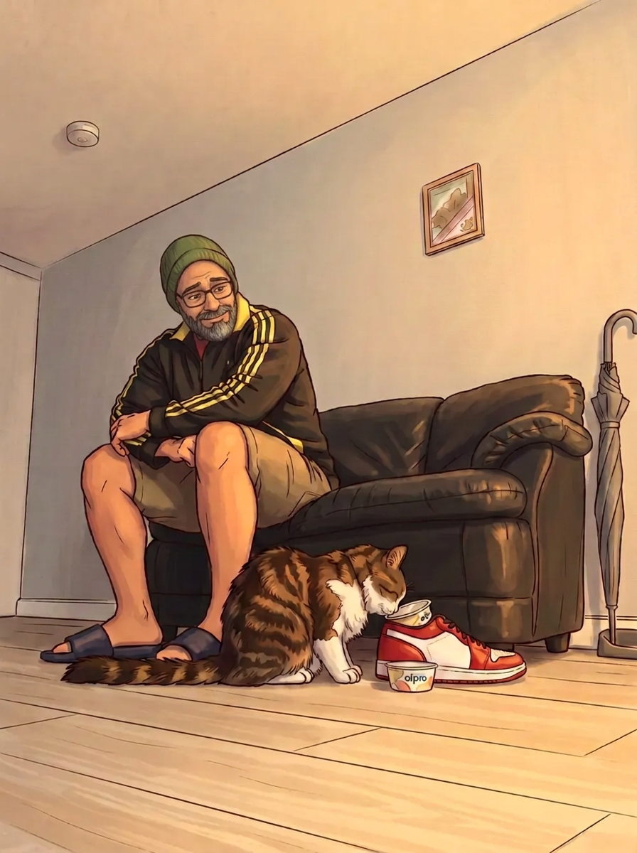 Illustrated version: Goober eating from a yogurt cup beside a sneaker, by the sofa